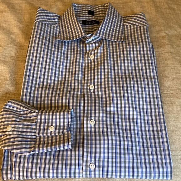 Barneys New York Mens Long Sleeve Fine Cotton Blue/Gray Checked Dress Shirt. XL - Picture 3 of 7